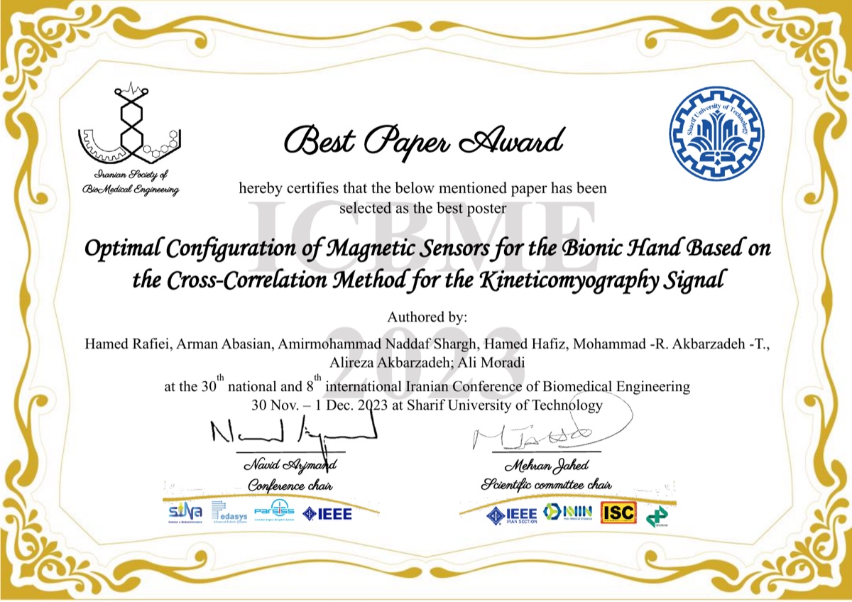 Best Paper Award for bionic-hand sensor research